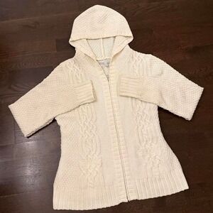 Y2K Vintage Old Navy Lambswool Hooded Cable Knit 3D Zip Up Sweater | Cream | XL